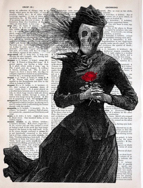 Red Rose of Death - Collage Art Print on Large Real English Dictionary Vintage Book Page