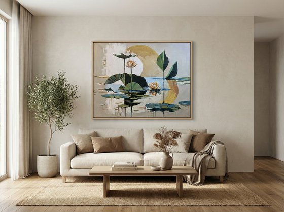 Golden Pond. Semi Abstract Water Lilies.