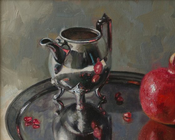 "Reflections" still life pomegranate metal silver white liGHt original painting  GIFT (2019)