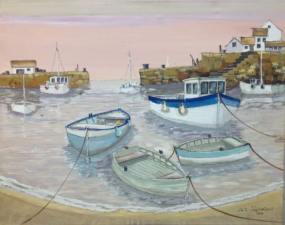 Boats in little harbour by Les Powderhill