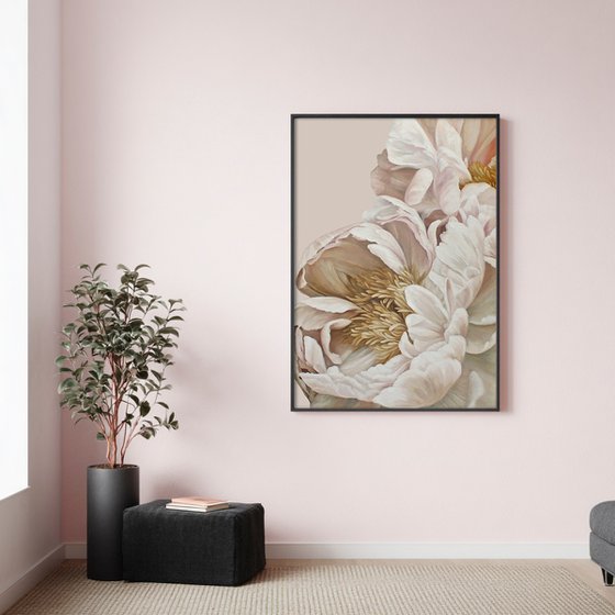 "Gray Silk Flowers" Gray white peony art