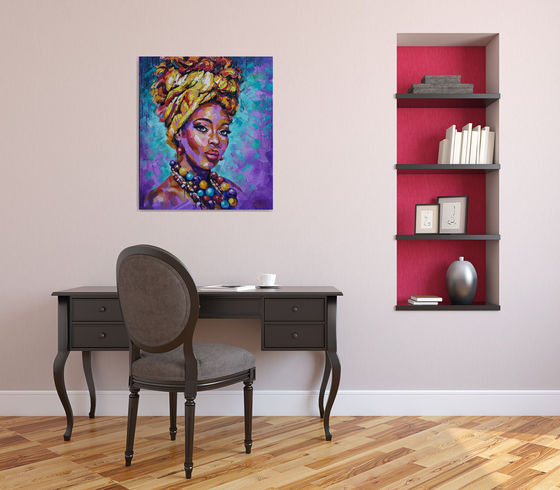 Portrait Multicolored Beads, painting african woman