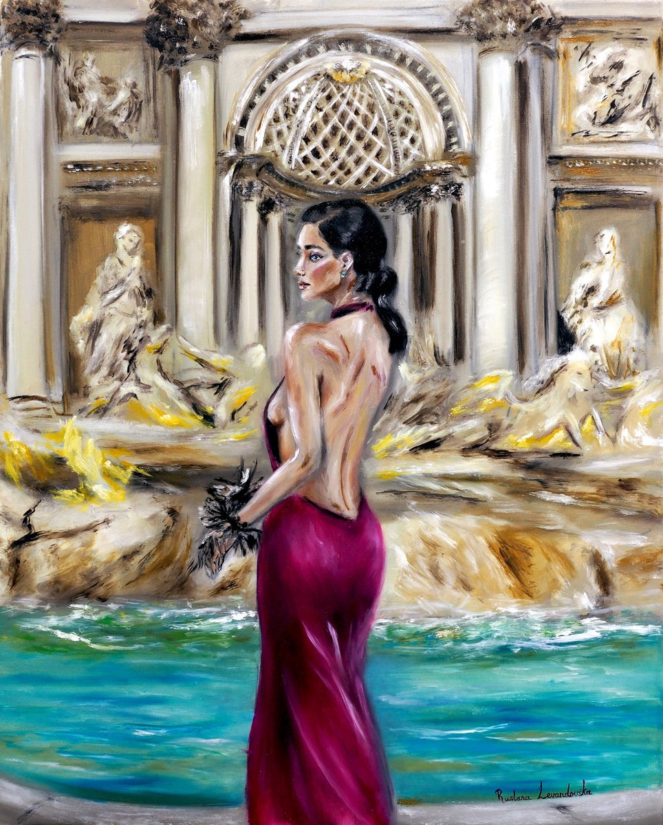 Impressionistic Portrait Oil Painting By Ruslana Levandovska, 24 X 30", At The Trevi Fountain, Original Artwork