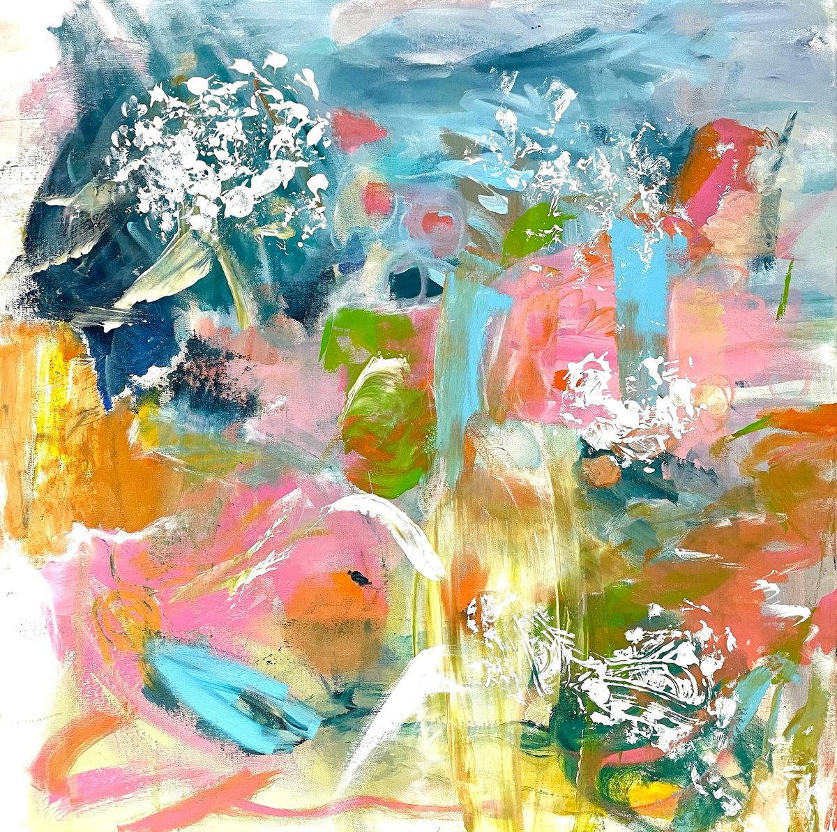 Organic Abstract Acrylic Painting By Christel Haag, 31 X 31, Feels Like A Happy Summer Day, Original Artwork