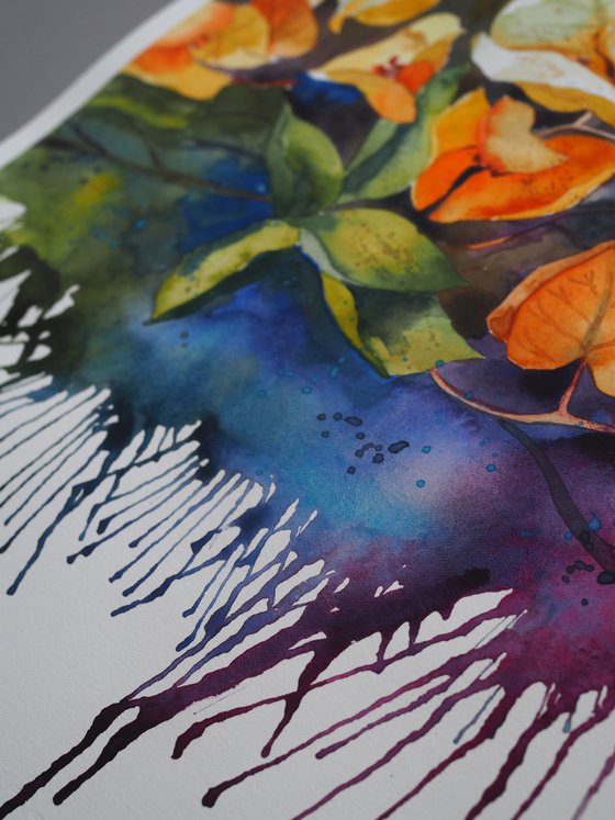 Yellow bougainvillea - expressive original watercolor flower, falling paint