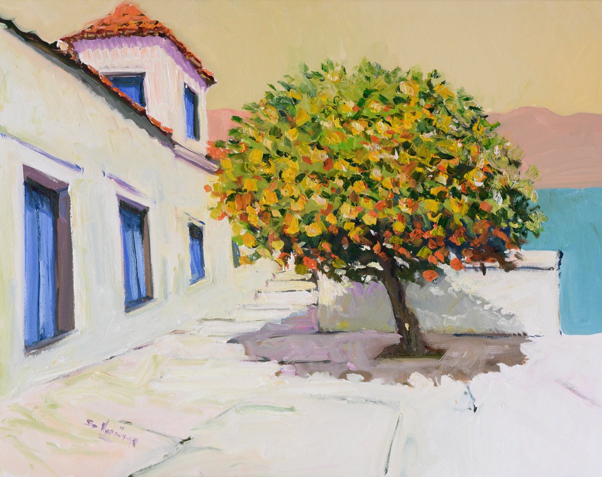 Expressive Landscape Oil Painting By Suren Nersisyan, 30 X 24", Mediterranean, Morning Light, Original Artwork