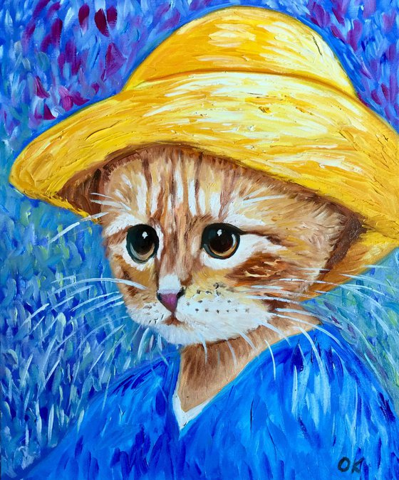 Cat La Van Gogh in a straw hat modern oil painting feline art Van Gogh influence art for animal lovers