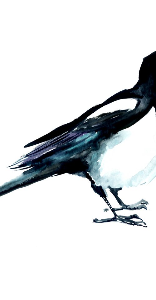 Magpie Bird Watercolor Painting by Suren Nersisyan