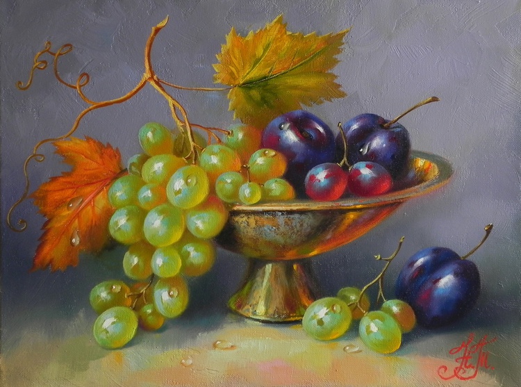 "Fruit in a vase" Oil on canvas Original art Kit Artfinder