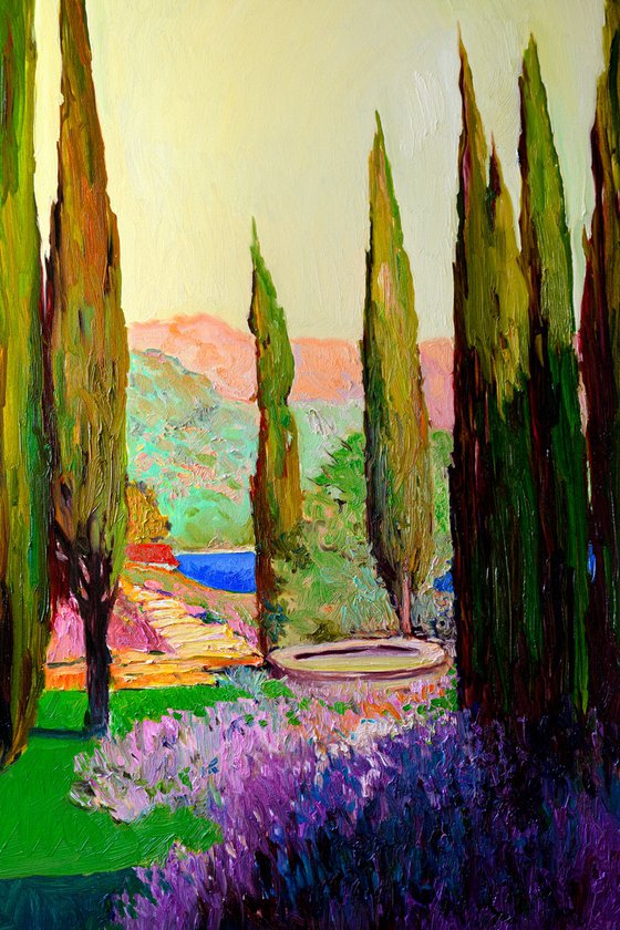 Mediterranean Landscape, Cypresses and Lavender Flowers