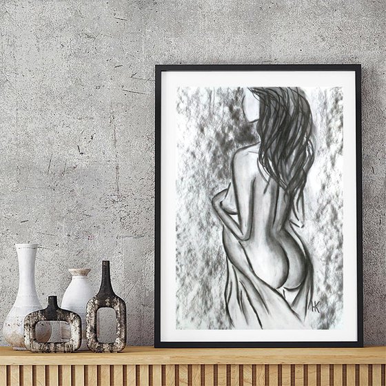 Female Nude Drawing Original Charcoal Sketch Black Monochrome Artwork Woman Nude Back View Home Wall Art 12 by 17"