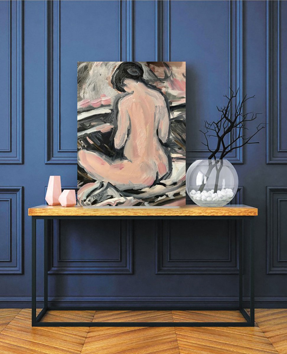 NUDE. TRY ON A RING - Nudes and erotic art, original painting, oil on canvas, small size by Karakhan