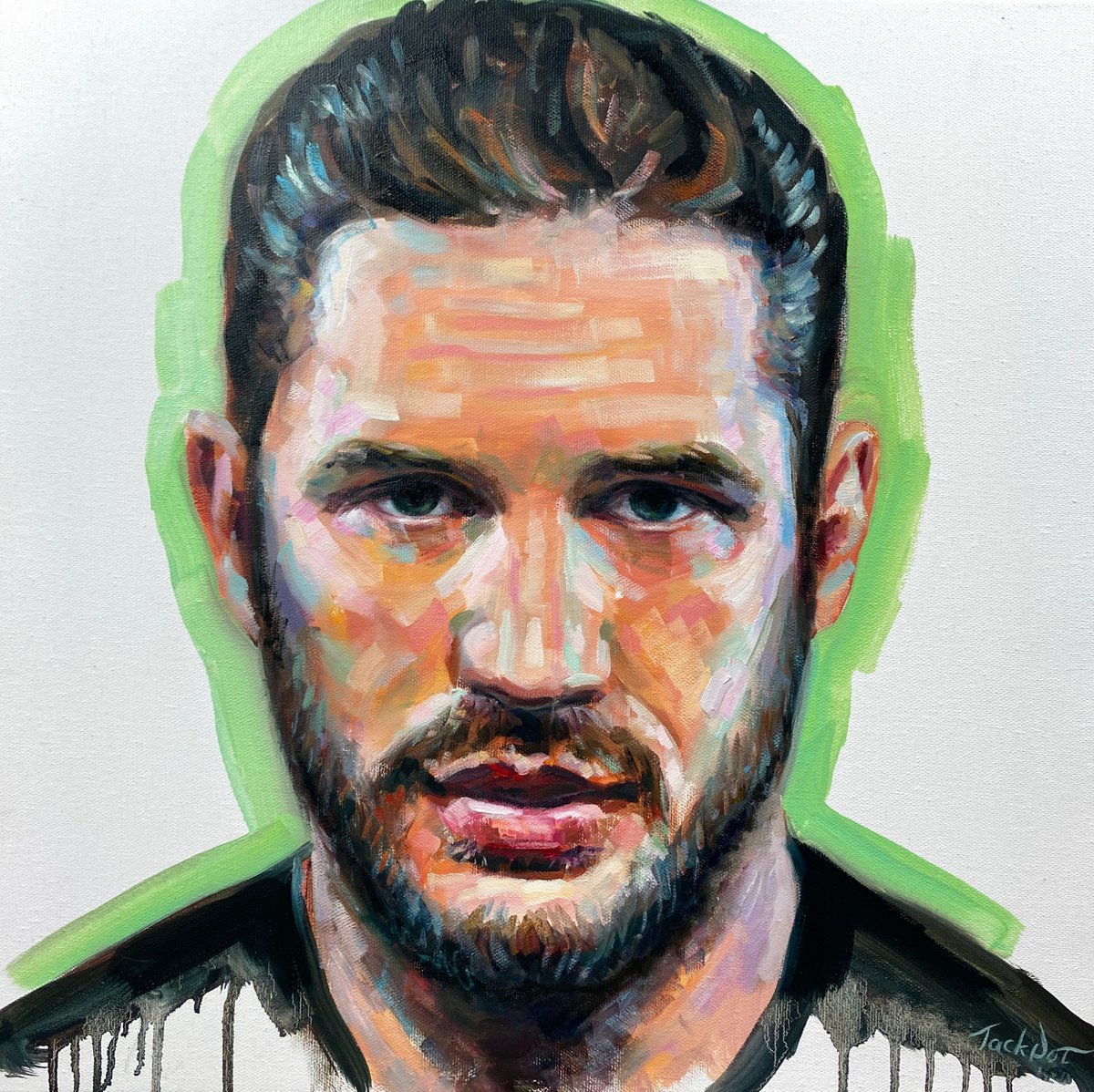 Tom Hardy oil portrait original painting hand drawn canvas wall art by Evgeny JackPot by Evgeny Potapkin