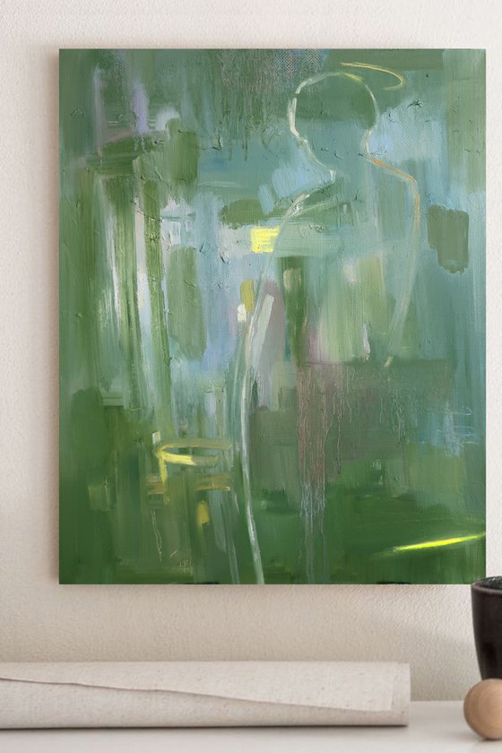Green Abstraction Observer Meditation Oil Painting