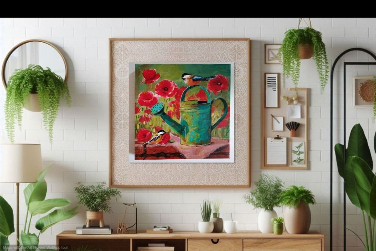 Impressionistic Animal Acrylic Painting By Martine Vinsot, 11 X 11", Watering Can And Birds, Original Artwork