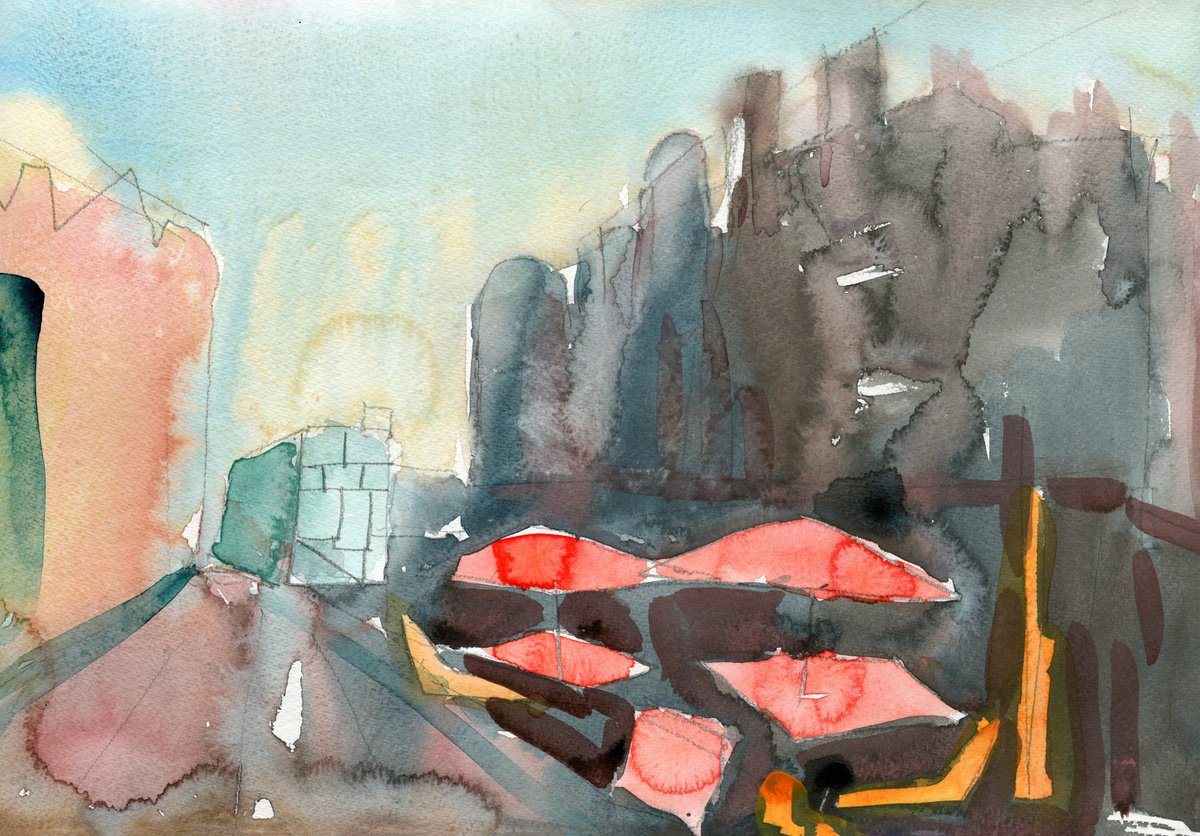 Abstract Cityscapes Watercolour By Elizabeth Anne Fox, 17 X 12, Sunny City, Original Artwork