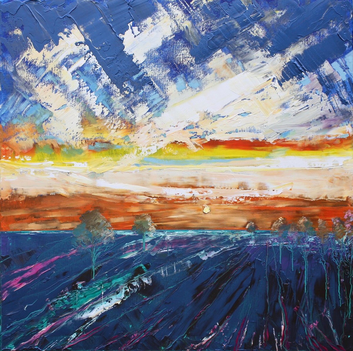 Impressionistic Landscape Oil Painting By Simon Jones, 30 X 30", Orient Rising, Original Artwork