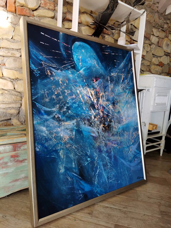 Large framed masterpiece dark blue angel series painting by KLOSKA