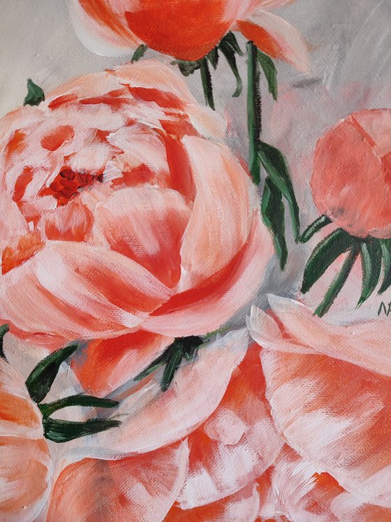 Peonies flowers, original floral acrylic painting, gift idea