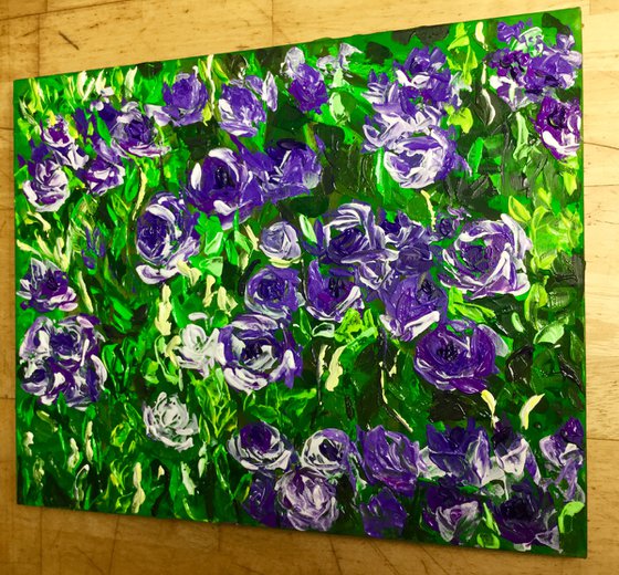 FIELD OF PURPLE PINK WHITE  ROSES  palette knife modern decor MEADOW OF FlOWERS, LANDSCAPE,  office home decor gift