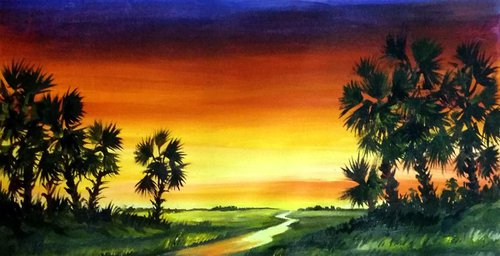 Sunset Village with Palm Trees - Acrylic on Canvas Painting by Samiran Sarkar