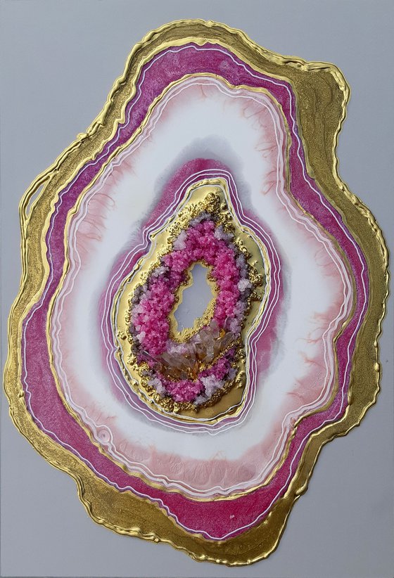 57x39cm. /Agate pink geode. Marble Art. Geode wall art, Gold, Pearl,Pink,  geode wall art Resin painting