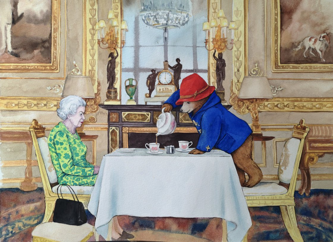 The Queen Having Tea With Paddington Bear Watercolour by Olga Beliaeva