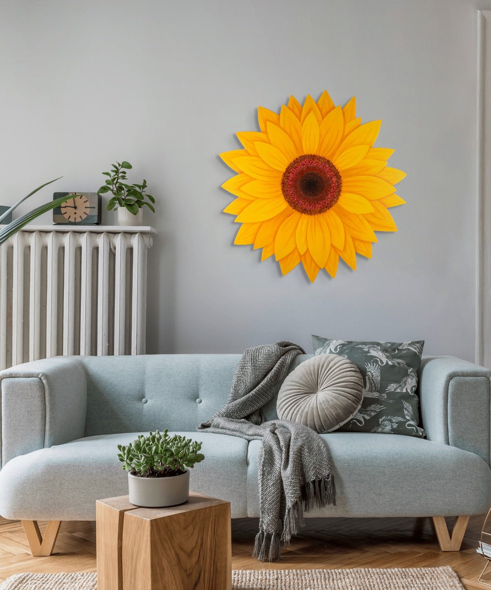 Expressive Botanical Acrylic Painting By George Koutsouris, 30 X 30, Sun Flower, Original Artwork