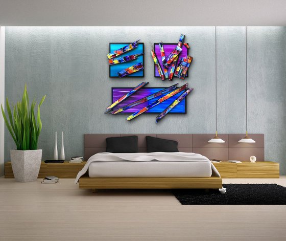 "Broke And Beautiful" - SPECIAL PRICE - Original Triptych PMS Mixed Media Sculptural Paintings On Canvas and Wood, Framed -  45 x 46 inches