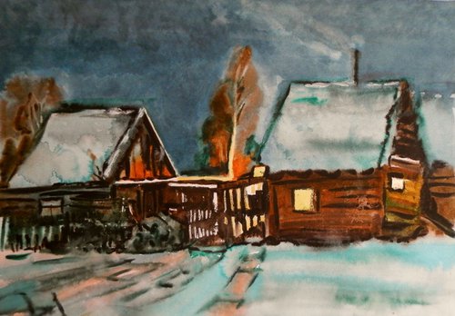 Winter in the village, 80x60 cm by Valentina Kachina