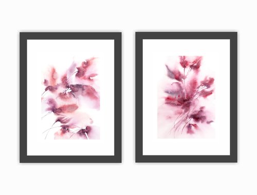 Pink abstract floral watercolor, floral diptych "Floral dreams" by Olga Grigo