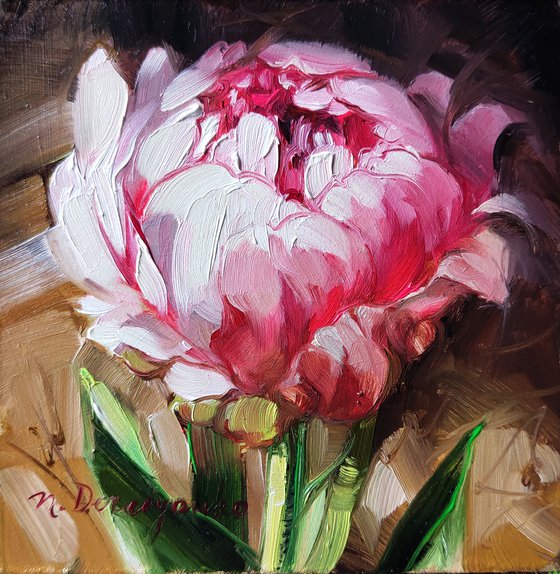 Small painting pink flowers original, Unique peony wall art, Peonies art gift for sister