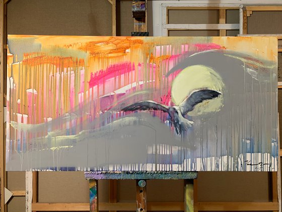 Bright painting - "Seagull" - Expressionism - Bird - Seagull - Sunset