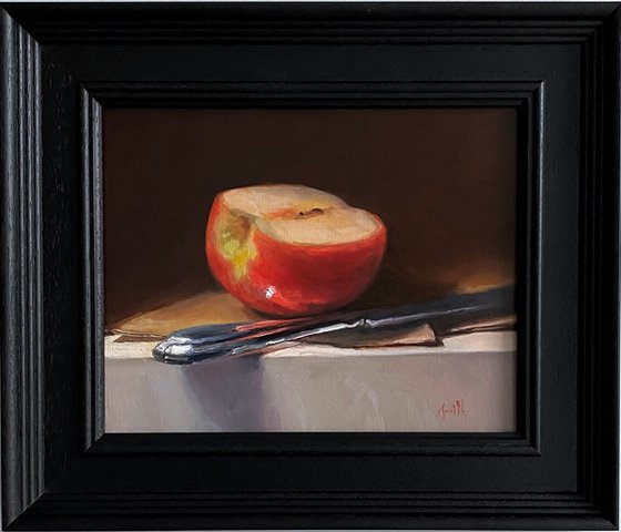 Apple Half, with Silver Knife; Framed & ready to hang home decor gift oil painting.