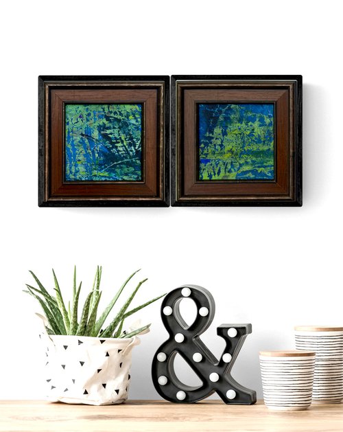 Navy blue and deep green summer wind (diptych) by Tetiana Chebrova
