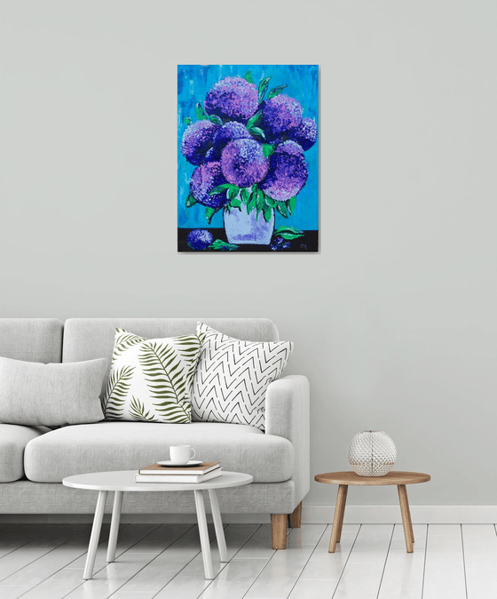 BOUQUET OF Purple and Pink  hydrangea on turquoise in a white vase palette  knife Original Acrylic painting office home decor gift