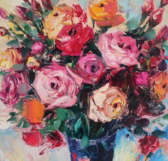 Colorful roses (60x70cm, oil painting, ready to hang)