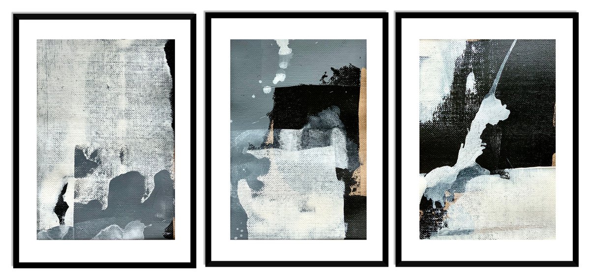 Abstraction No. 15620-11-12-14 black & white set of 3 - framed, ready to hang by Anita Kaufmann