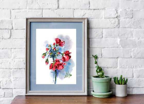 "Bright red geranium" flowering sprig original watercolor painting small format