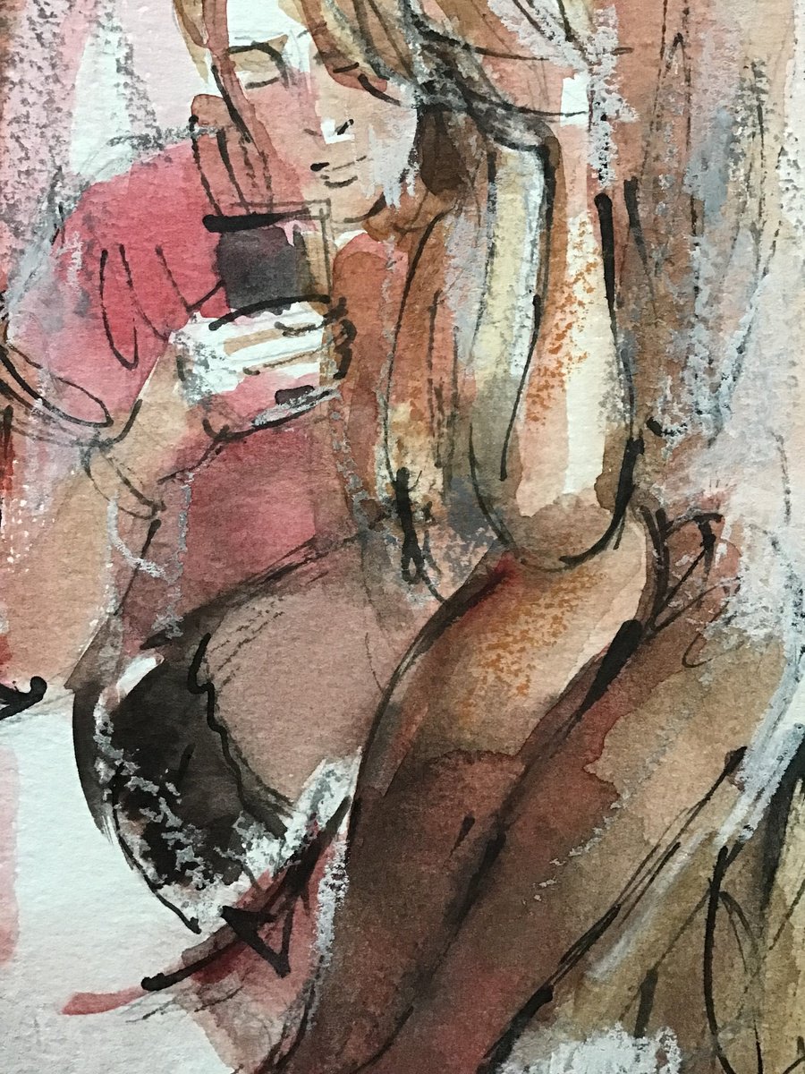 Illustrative Portrait Ink Drawing By Nelina Trubach-Moshnikova, 9 X 13", An Answer 3, Original Artwork