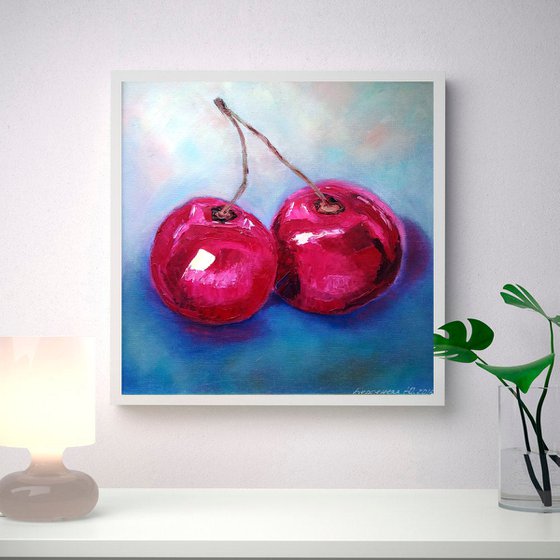 Cherry Painting Original Art Fruit Artwork Berries Still Life Wall Art Couple Cherries Painting