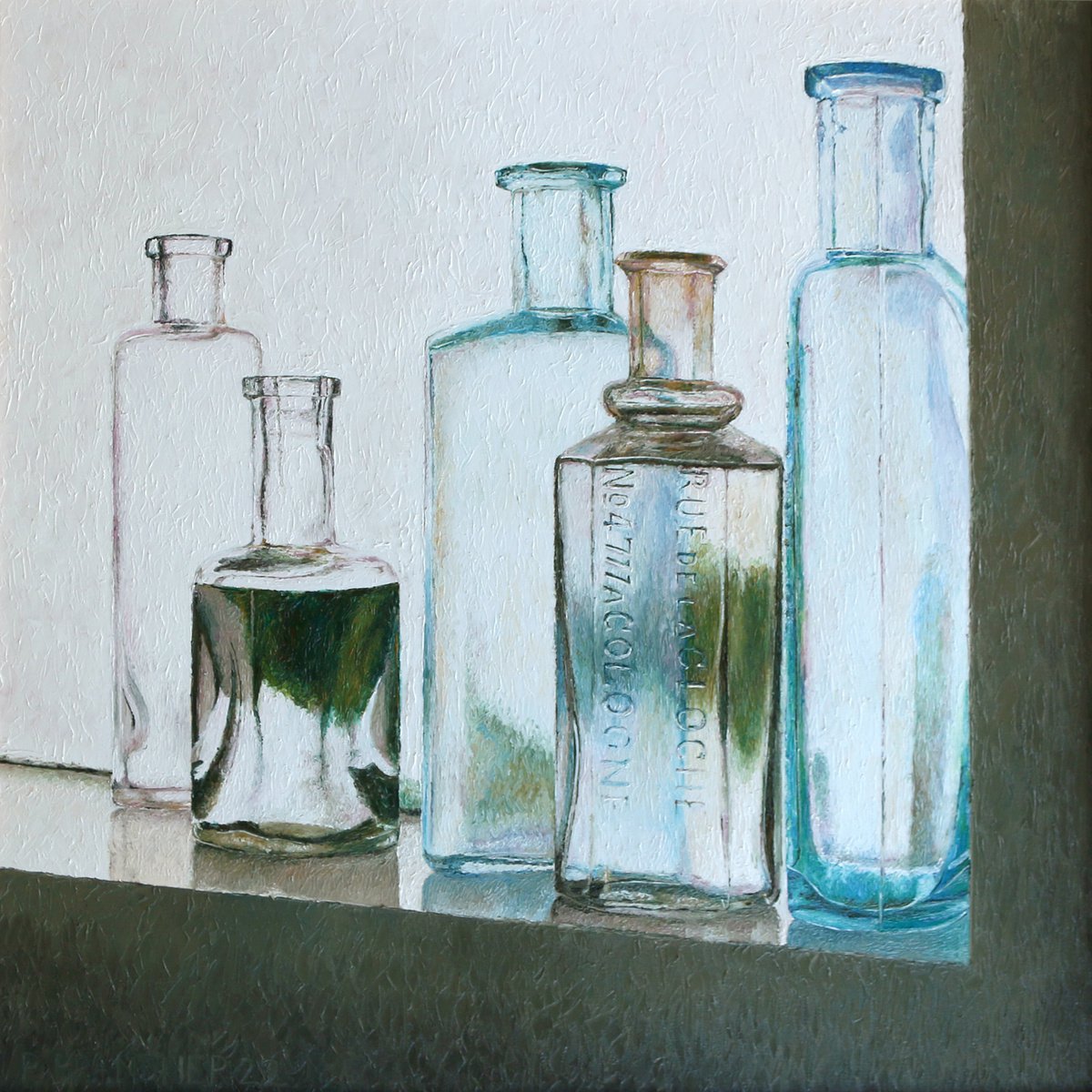 Five vintage bottles on window sill by Paul Brandner