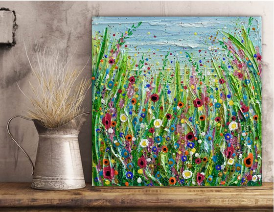 Spring Meadow - Abstract Floral Painting, Palette Knife, Acrylic