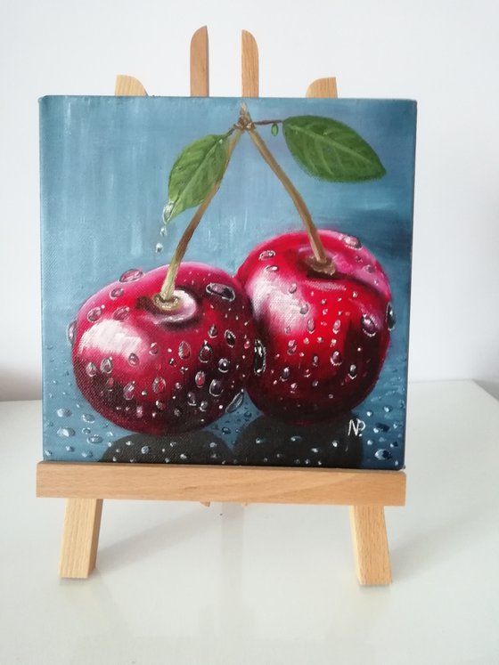 cherries twins. original still life oil painting, gift ide art for home