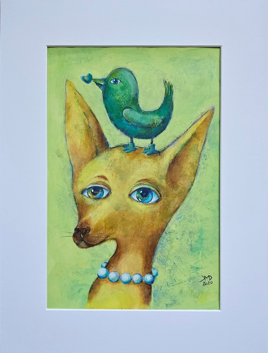 Naive Animal Acrylic Painting By Ksenia June, 12 X 16", A Chihuahua Dog And A Bird, Original Artwork