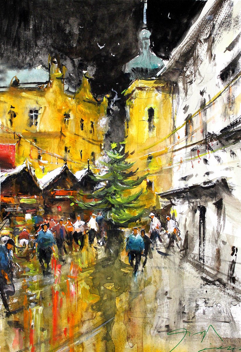 Impressionistic Cityscapes Watercolour By Maximo Damico, 9 X 14", Christmas Markets, Original Artwork