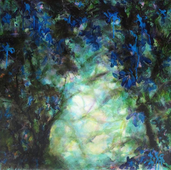 The fairies field, oneiric blue green floral in a magical forest