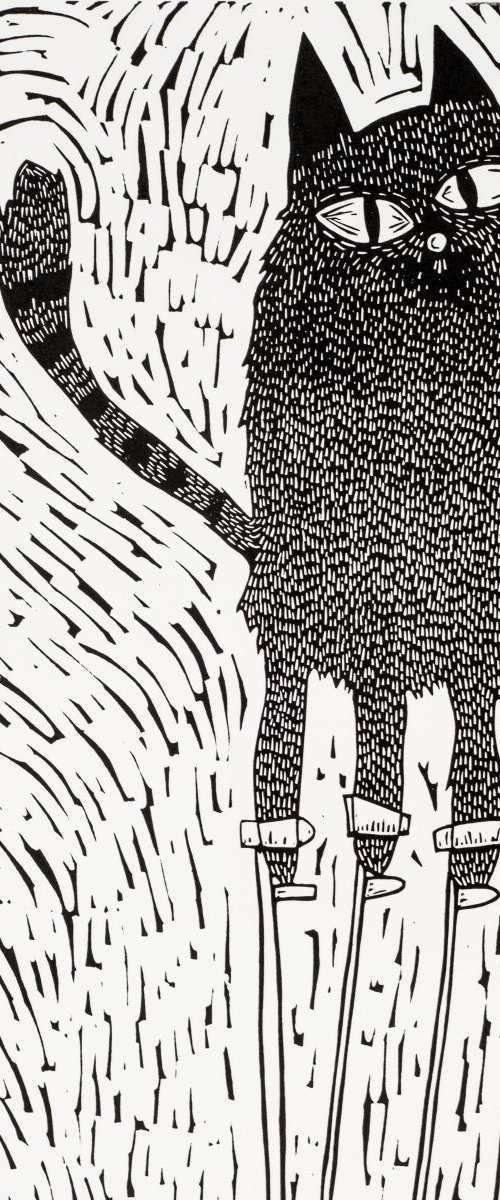 Big cat on stilts - lino cut print by Melanie Wickham