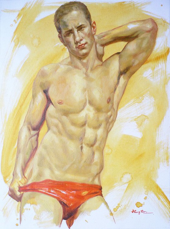 ORIGINAL OIL PAINTING BODY ART HANDSOME MAN ON LINEN#16-7-28