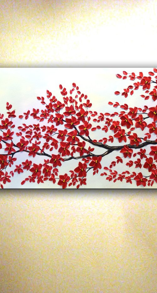 Red Cherry Blossom - Extra Large Textured Flowers Painting by Nataliya Stupak